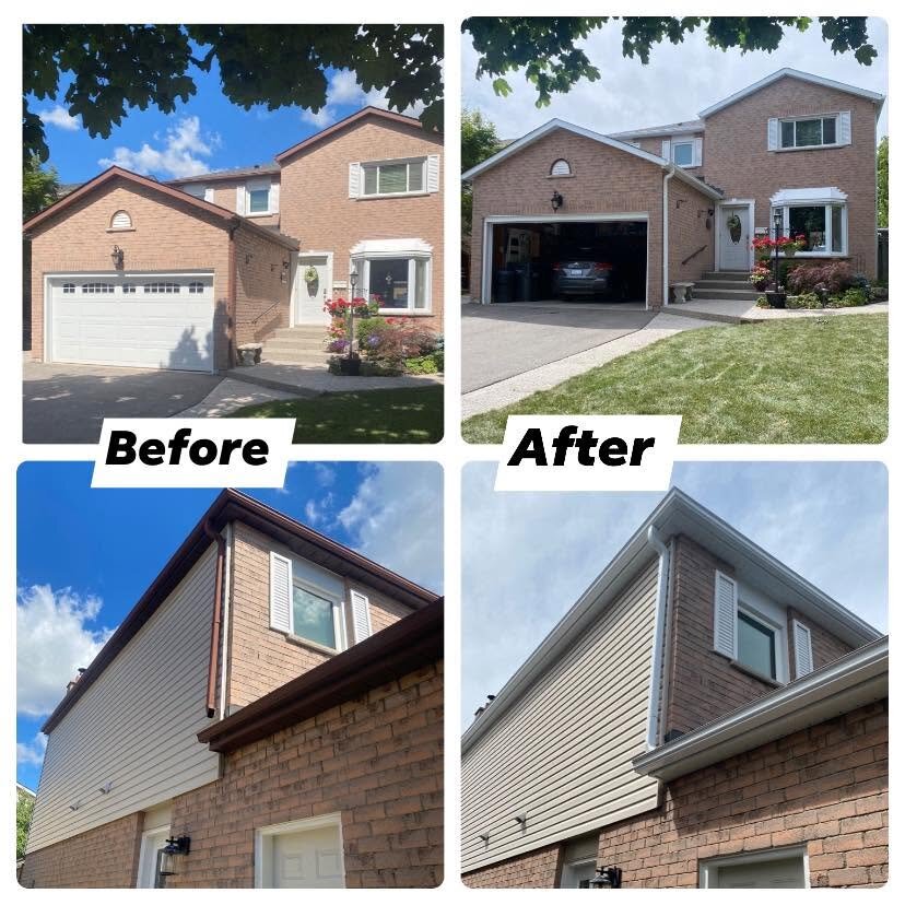 Before and after photos of a repaired garage fascia and roof edge.